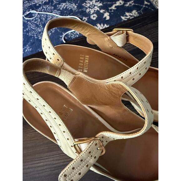 Stuart Weitzman Ivory Leather and Raffia Platform Sling Back Heel Sz. 8M - Picture 6 of 9